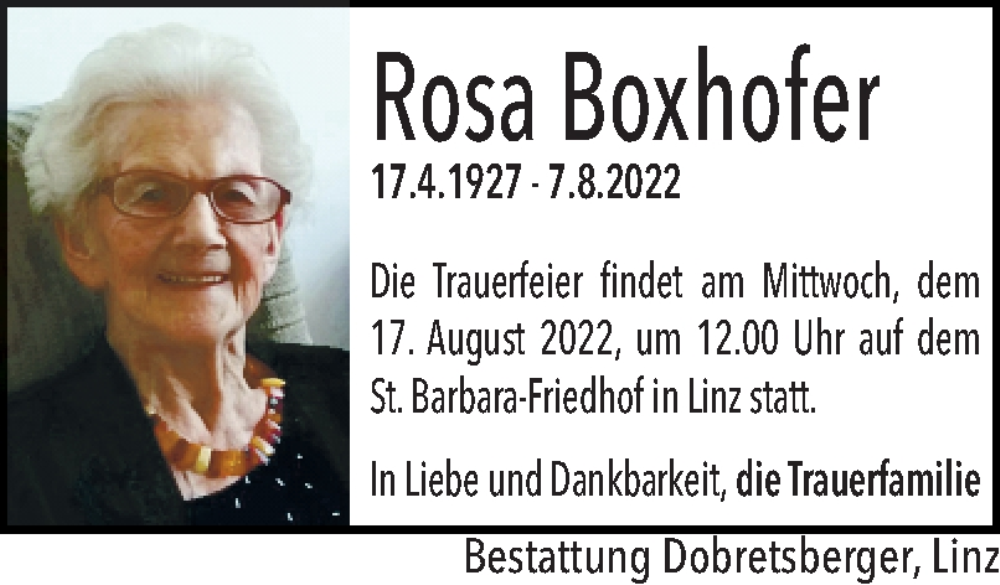  Traueranzeige für Rosa Boxhofer vom 13.08.2022 aus OÖNachrichten