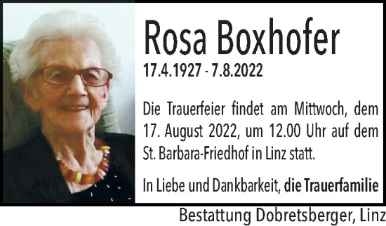 Traueranzeige von Rosa Boxhofer von OÖNachrichten