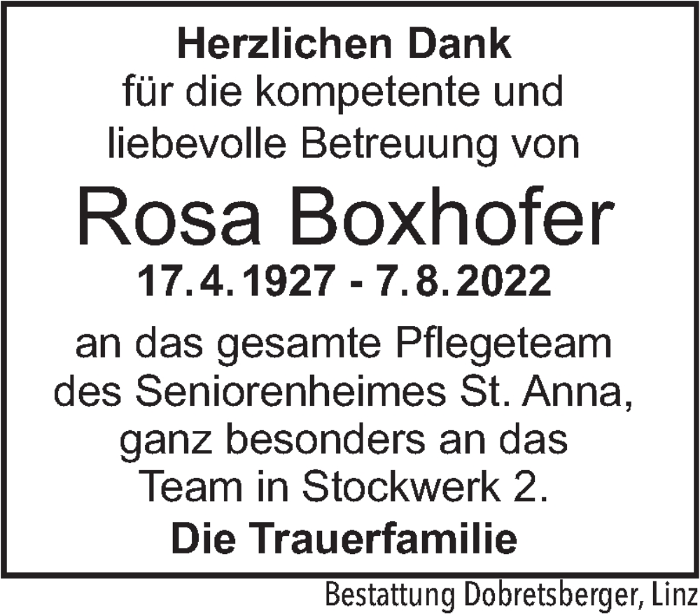  Traueranzeige für Rosa Boxhofer vom 13.08.2022 aus OÖNachrichten