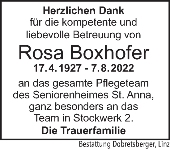 Traueranzeige von Rosa Boxhofer von OÖNachrichten