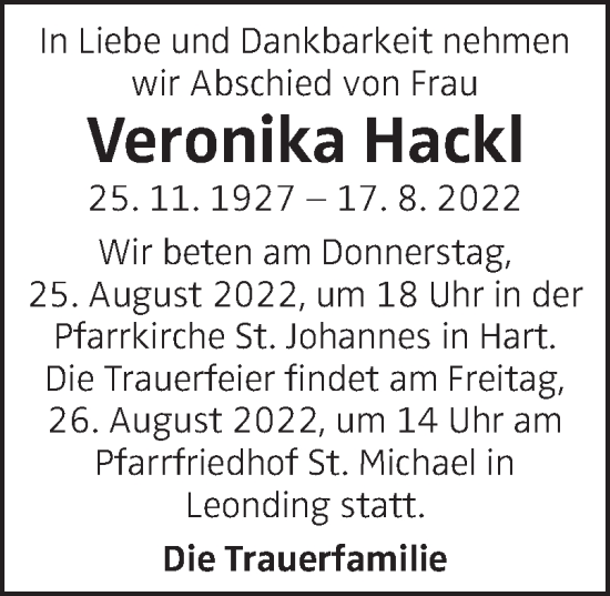 Traueranzeige von Veronika Hackl von OÖNachrichten