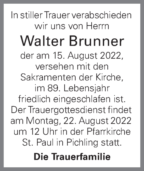 Traueranzeige von Walter Brunner von OÖNachrichten