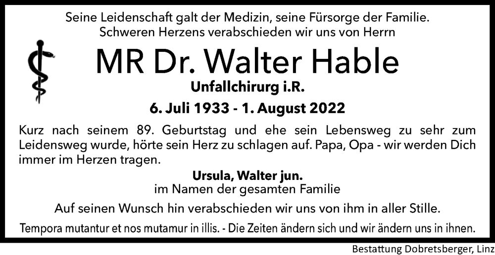  Traueranzeige für Walter Hable vom 06.08.2022 aus OÖNachrichten