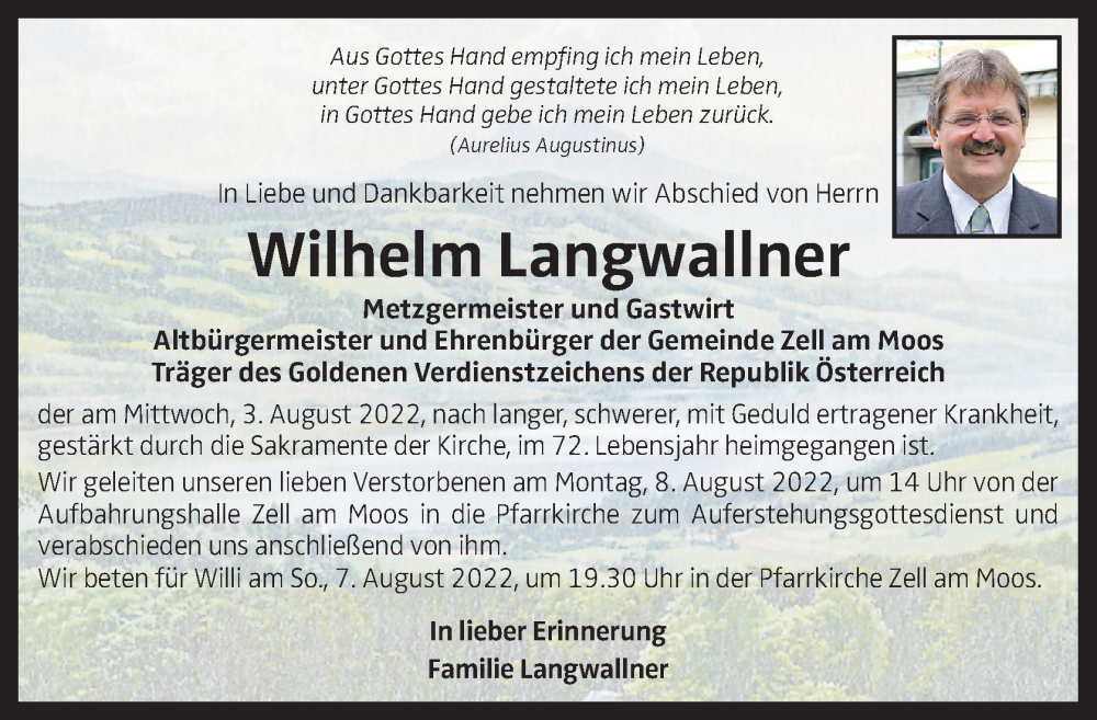  Traueranzeige für Wilhelm Langwallner vom 06.08.2022 aus OÖNachrichten