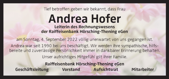 Traueranzeige von Andrea Hofer von OÖNachrichten