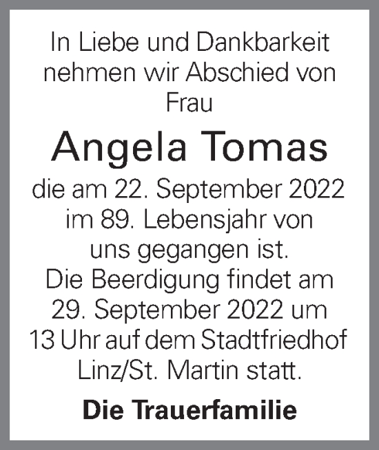 Traueranzeige von Angela Tomas von OÖNachrichten