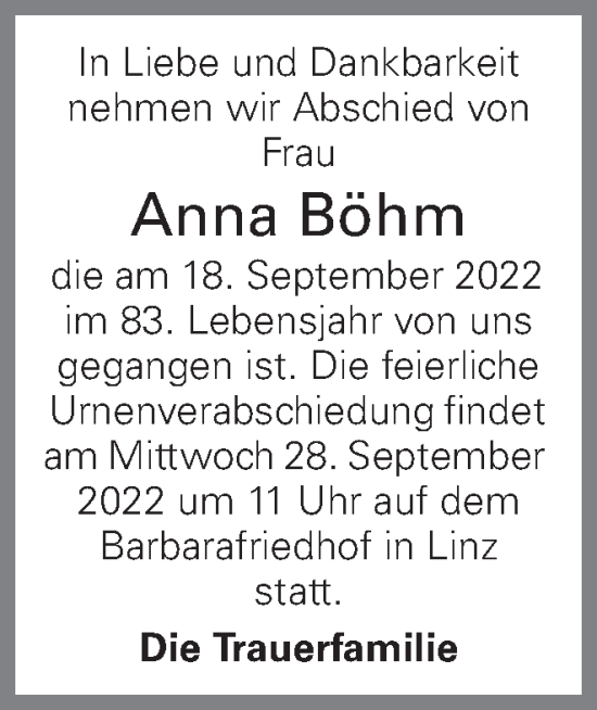 Traueranzeige von Anna Böhm von OÖNachrichten