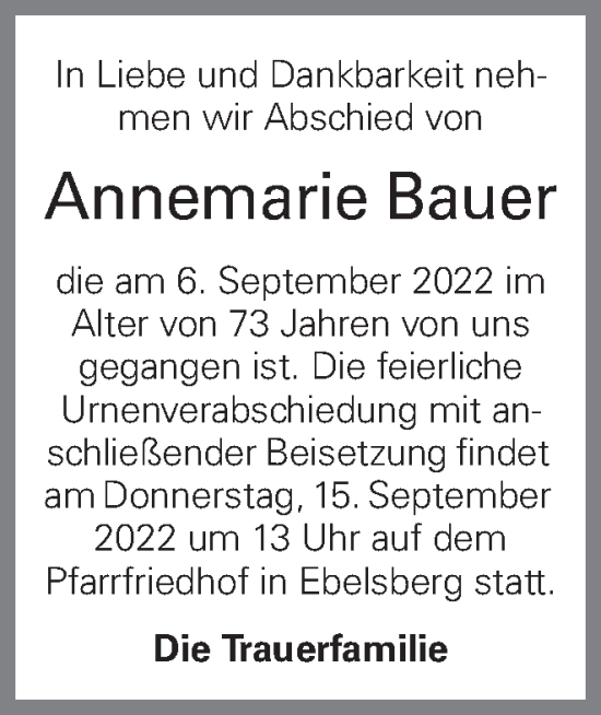 Traueranzeige von Annemarie Bauer von OÖNachrichten