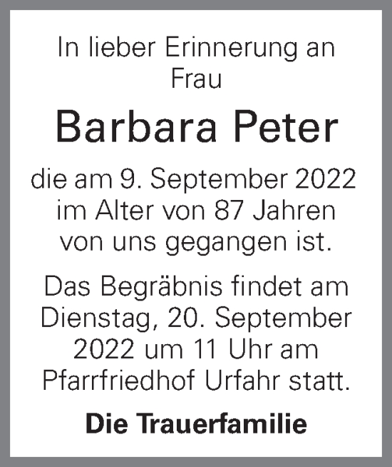 Traueranzeige von Barbara Peter von OÖNachrichten
