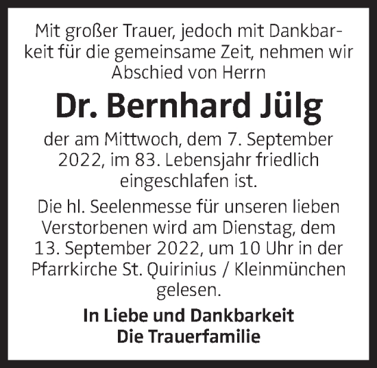 Traueranzeige von Bernhard Jülg von OÖNachrichten