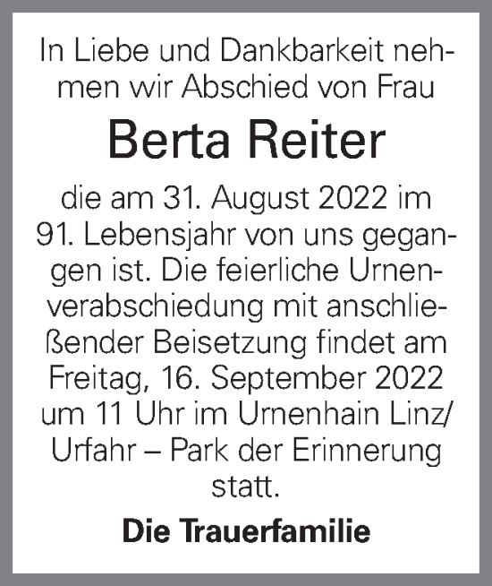 Traueranzeige von Berta Reiter von OÖNachrichten