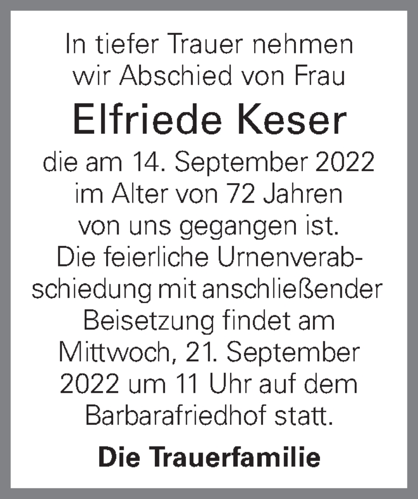  Traueranzeige für Elfriede Keser vom 19.09.2022 aus OÖNachrichten