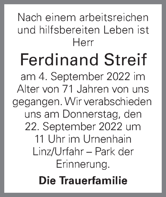 Traueranzeige von Ferdinand Streif von OÖNachrichten