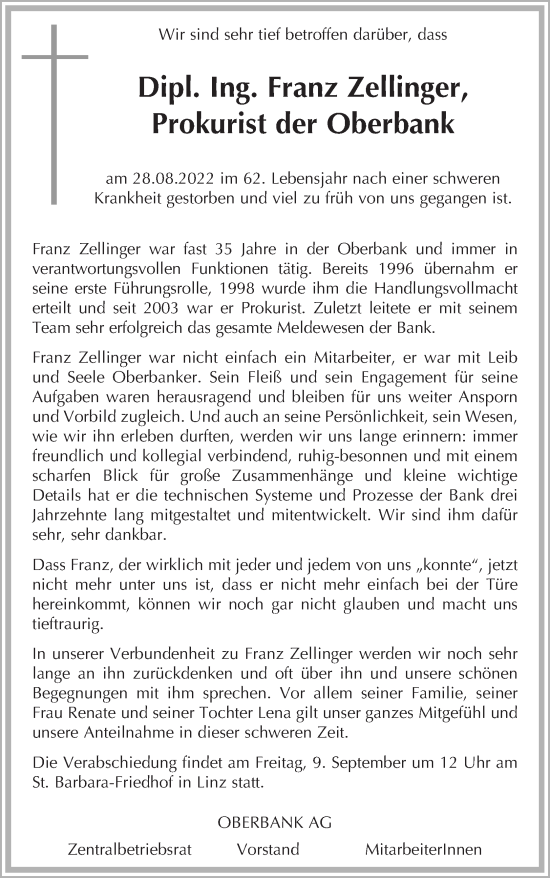 Traueranzeige von Franz Zellinger von OÖNachrichten