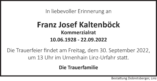 Traueranzeige von Franz Josef Kaltenböck von OÖNachrichten