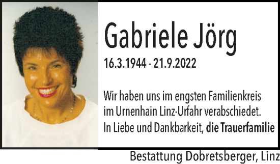 Traueranzeige von Gabriele Jörg von OÖNachrichten