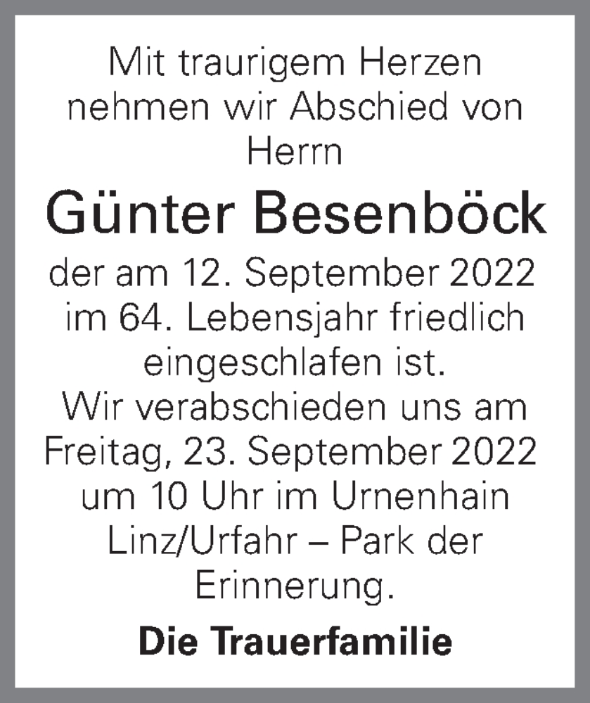  Traueranzeige für Günter Besenböck vom 17.09.2022 aus OÖNachrichten