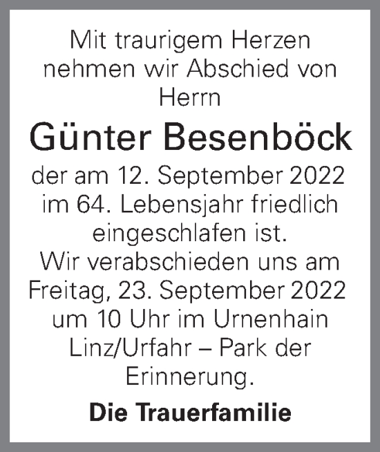 Traueranzeige von Günter Besenböck von OÖNachrichten