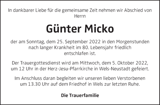 Traueranzeige von Günter Micko von OÖNachrichten
