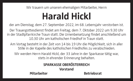 Traueranzeige von Harald Hickl von OÖNachrichten
