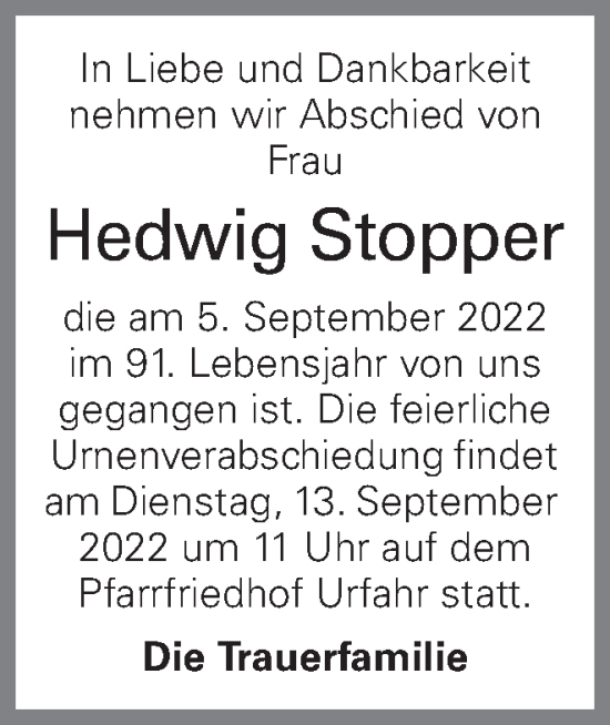 Traueranzeige von Hedwig Stopper von OÖNachrichten
