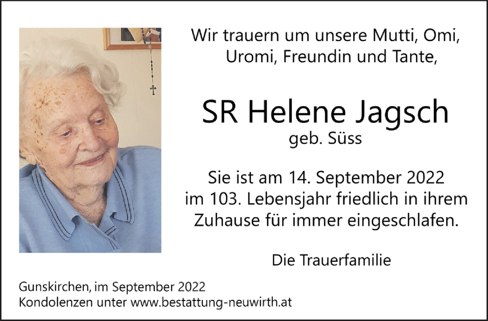  Traueranzeige für Helene Jagsch vom 17.09.2022 aus OÖNachrichten