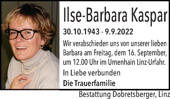 Traueranzeige von Ilse-Barbara Kaspar von OÖNachrichten