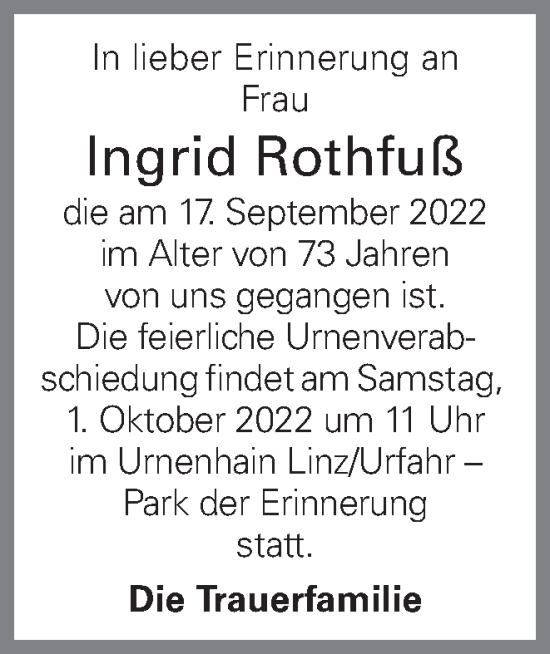 Traueranzeige von Ingrid Rothfuß von OÖNachrichten