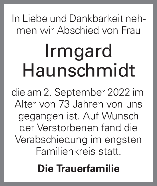Traueranzeige von Irmgard Haunschmidt von OÖNachrichten