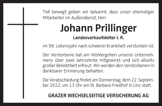 Traueranzeige von Johann Prillinger von OÖNachrichten