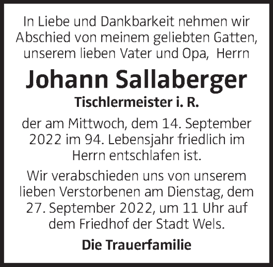 Traueranzeige von Johann Sallaberger von OÖNachrichten