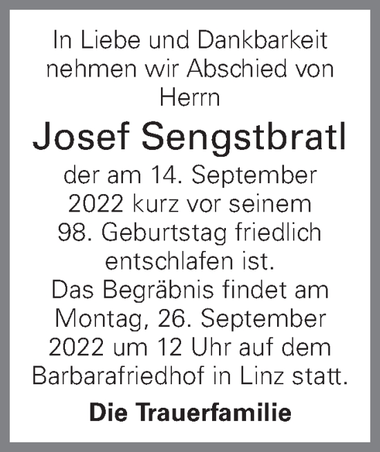 Traueranzeige von Josef Sengstbratl von OÖNachrichten