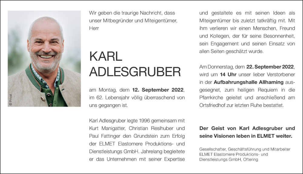  Traueranzeige für Karl Adlesgruer vom 17.09.2022 aus OÖNachrichten