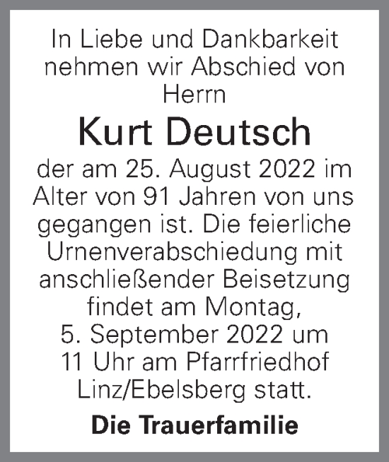 Traueranzeige von Kurt Deutsch von OÖNachrichten
