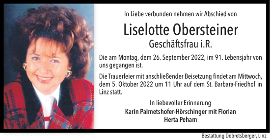 Traueranzeige von Liselotte Obersteiner von OÖNachrichten