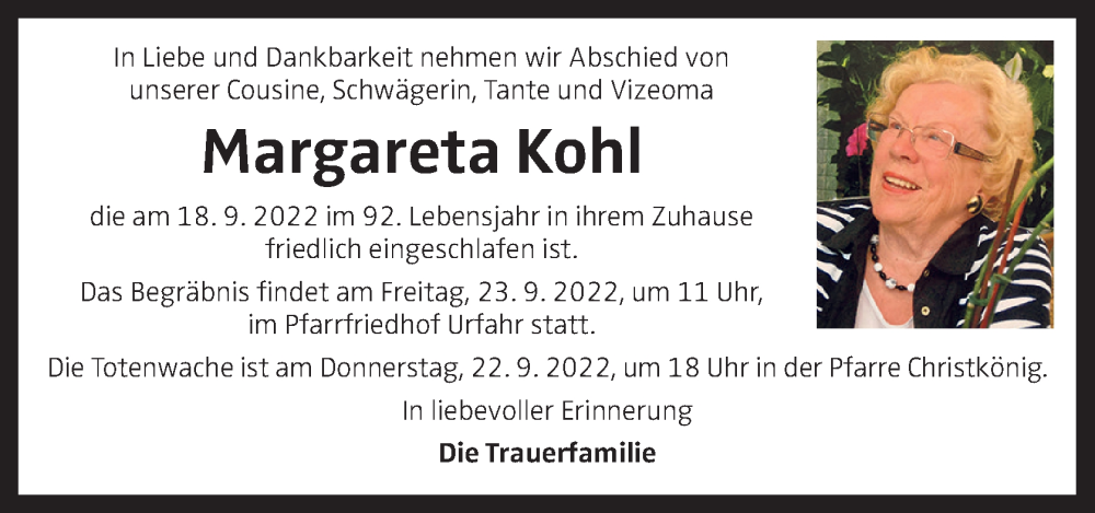  Traueranzeige für Margareta Kohl vom 20.09.2022 aus OÖNachrichten