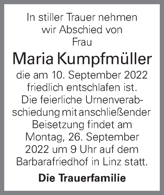 Traueranzeige von Maria Kumpfmüller von OÖNachrichten