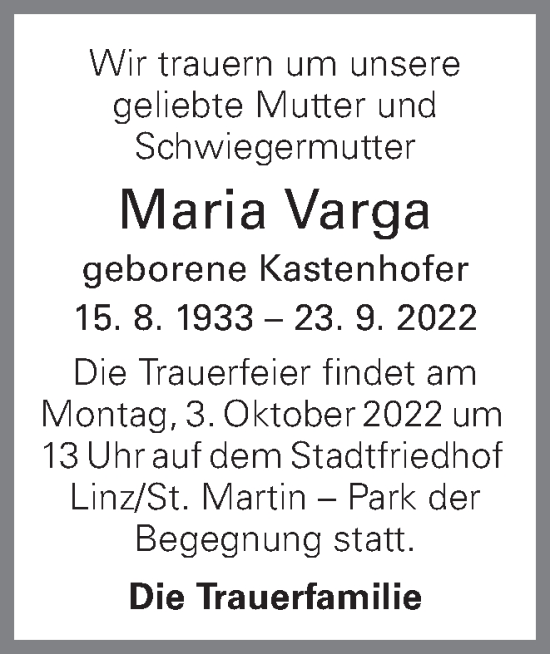 Traueranzeige von Maria Varga von OÖNachrichten