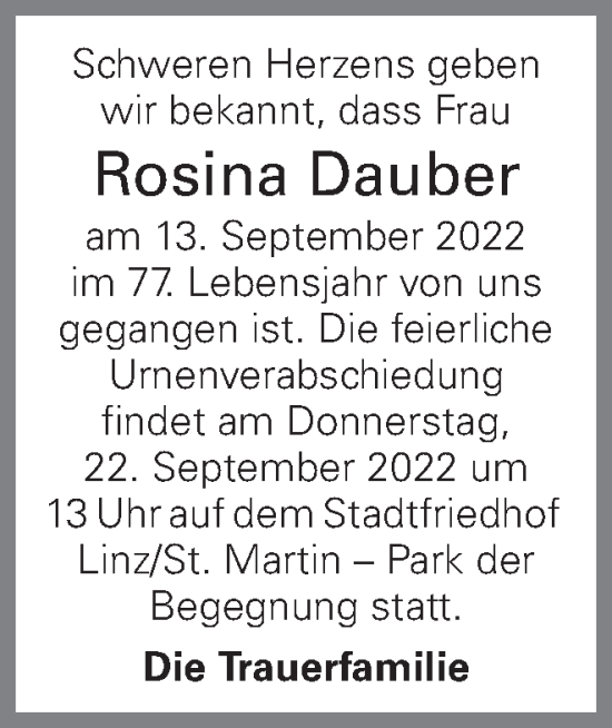 Traueranzeige von Rosina Dauber von OÖNachrichten