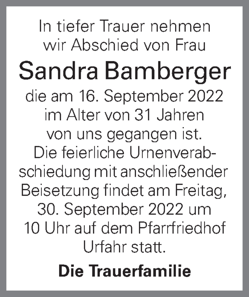  Traueranzeige für Sandra Bamberger vom 21.09.2022 aus OÖNachrichten