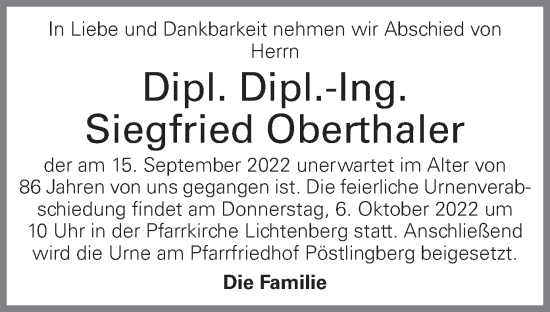 Traueranzeige von Siegfried Oberthaler von OÖNachrichten