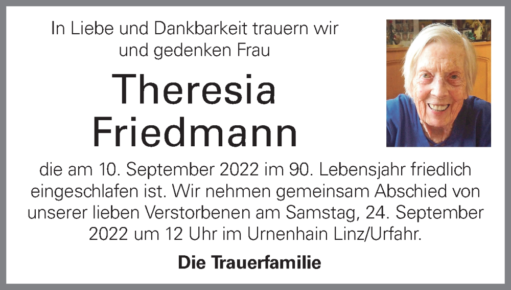  Traueranzeige für Theresia Friedmann vom 16.09.2022 aus OÖNachrichten