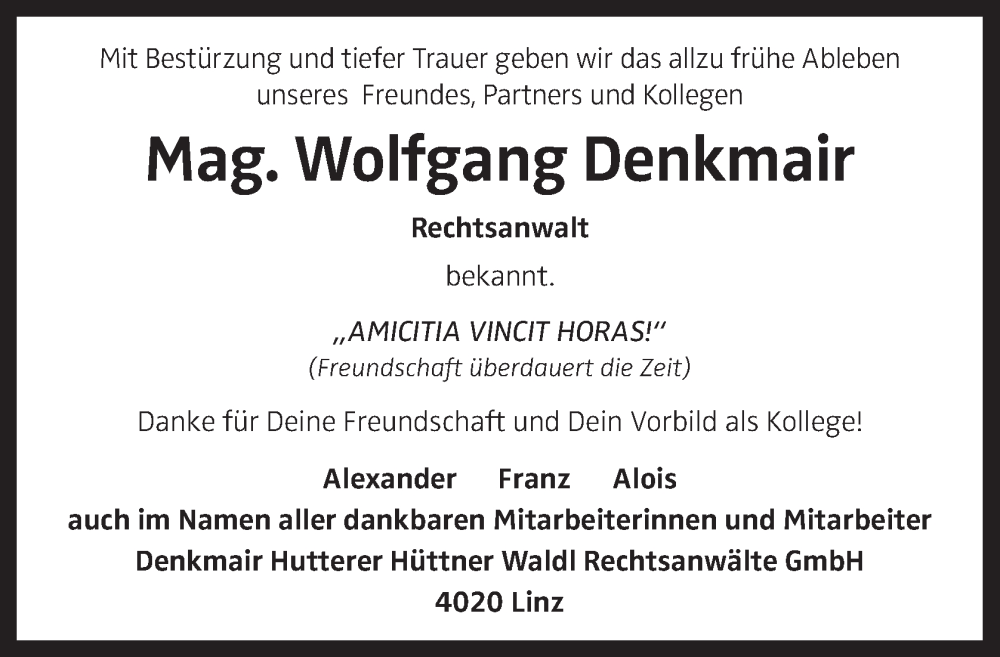  Traueranzeige für Wolfgang Denkmair vom 24.09.2022 aus OÖNachrichten