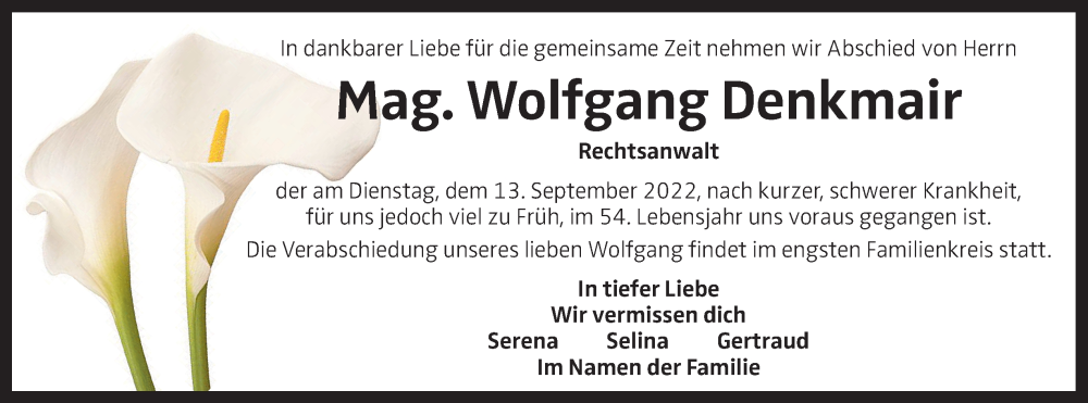  Traueranzeige für Wolfgang Denkmair vom 24.09.2022 aus OÖNachrichten