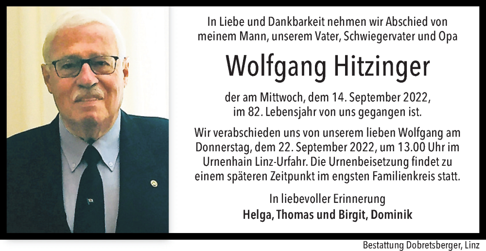  Traueranzeige für Wolfgang Hitzinger vom 17.09.2022 aus OÖNachrichten
