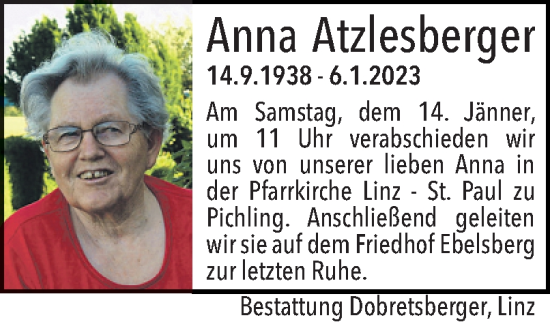 Traueranzeige von Anna Atzlesberger von OÖNachrichten