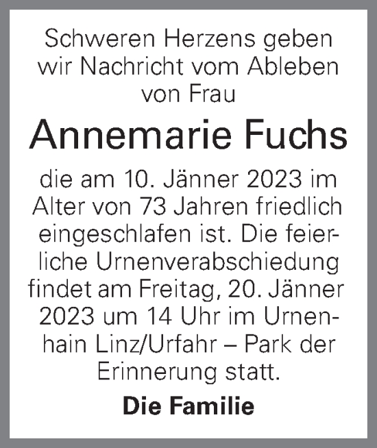 Traueranzeige von Annemarie Fuchs von OÖNachrichten