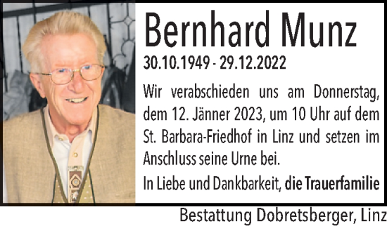 Traueranzeige von Bernhard Munz von OÖNachrichten