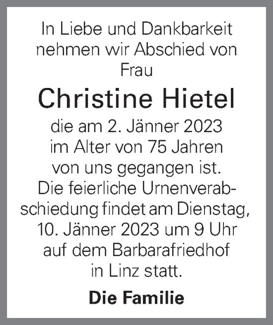 Traueranzeige von Christine Hietel von OÖNachrichten
