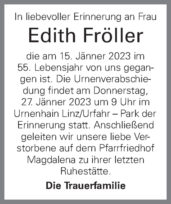 Traueranzeige von Edith Fröller von OÖNachrichten
